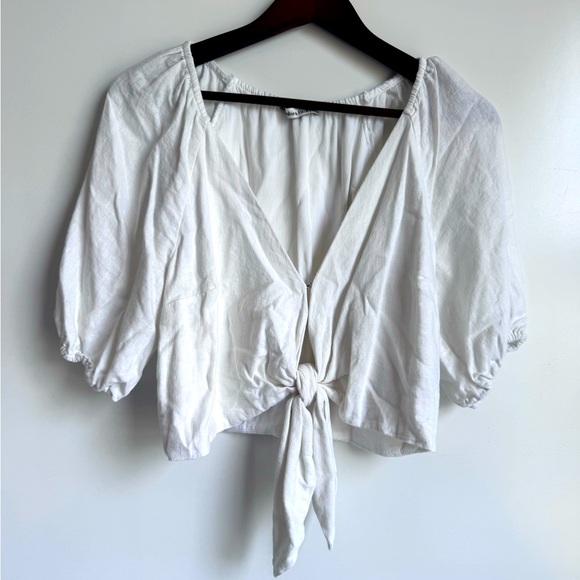 Abercrombie & Fitch White Linen Women Top Knot Tie Medium Puff Sleeve Crop Light - Picture 1 of 7